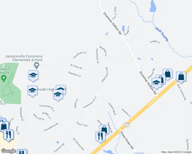 map of restaurants, bars, coffee shops, grocery stores, and more near 812 Commons Drive North in Jacksonville