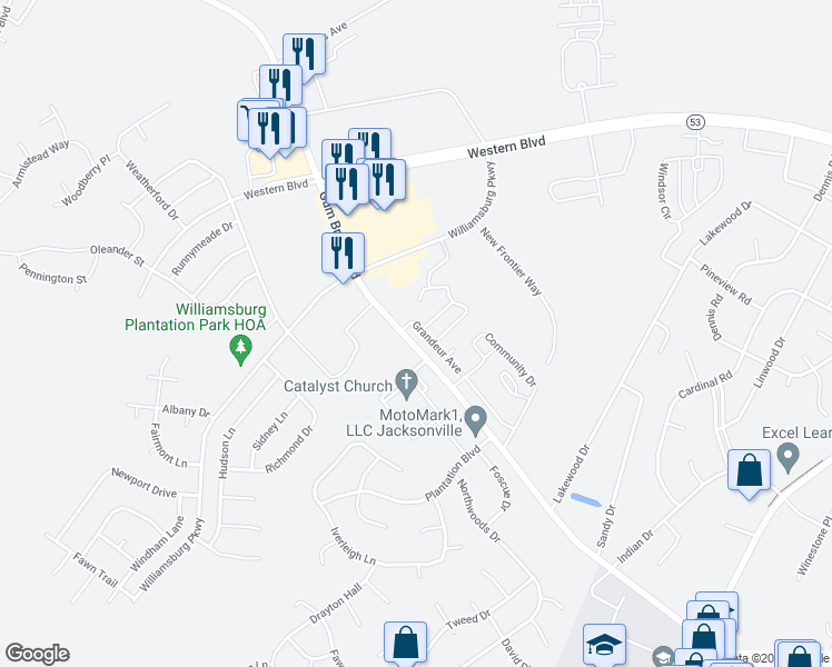 map of restaurants, bars, coffee shops, grocery stores, and more near 6011 Grandeur Avenue in Jacksonville