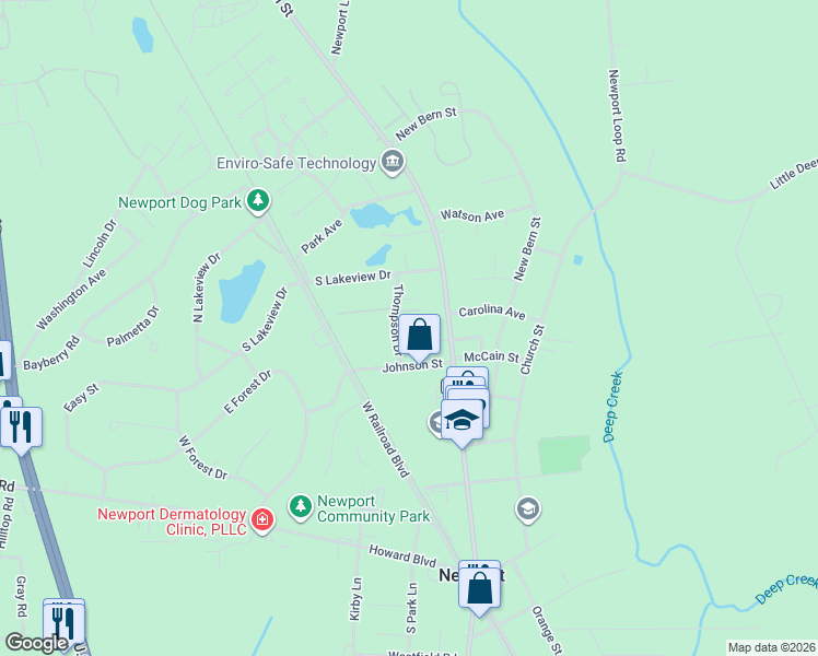 map of restaurants, bars, coffee shops, grocery stores, and more near 2012 Thompson Dr in Newport