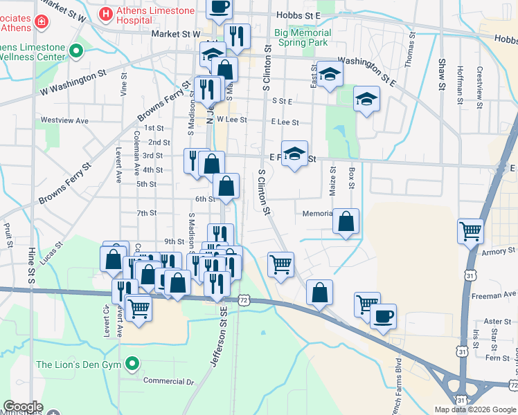 map of restaurants, bars, coffee shops, grocery stores, and more near 700 South Clinton Street in Athens