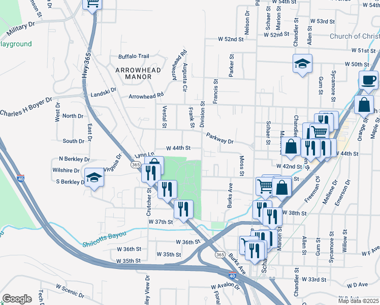 map of restaurants, bars, coffee shops, grocery stores, and more near 4309 Division Street in North Little Rock
