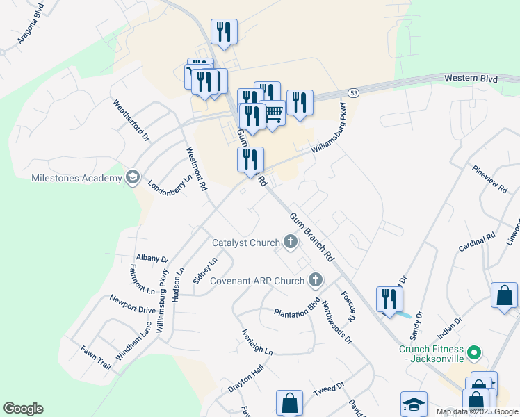 map of restaurants, bars, coffee shops, grocery stores, and more near 2015 Gum Branch Road in Jacksonville