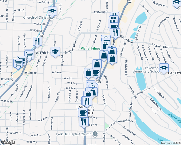 map of restaurants, bars, coffee shops, grocery stores, and more near 110 Rim Rock Place in North Little Rock
