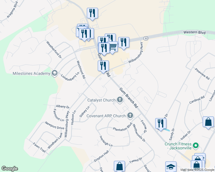 map of restaurants, bars, coffee shops, grocery stores, and more near 2015 Gum Branch Road in Jacksonville