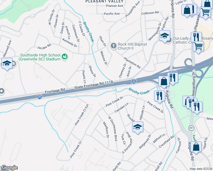 map of restaurants, bars, coffee shops, grocery stores, and more near 122 Bruce Road in Greenville