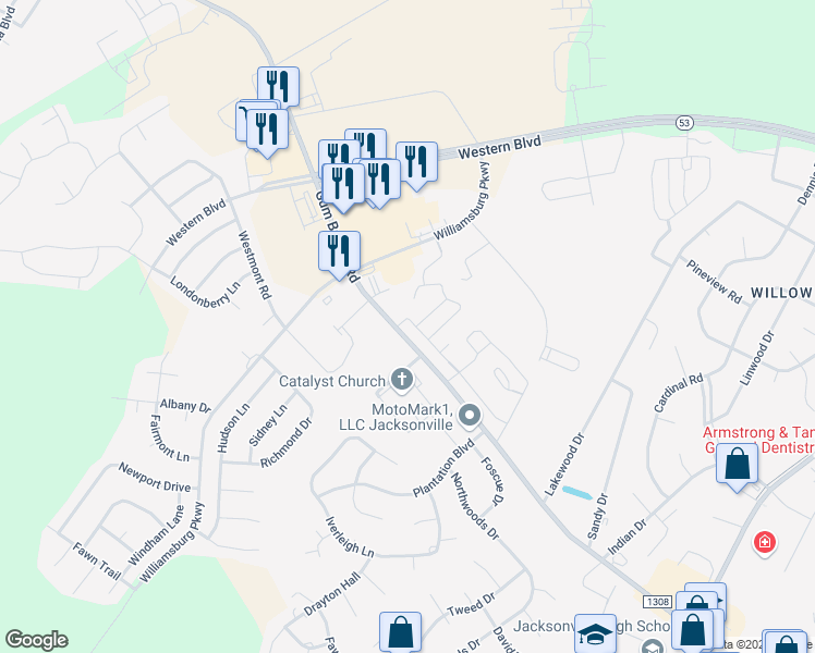 map of restaurants, bars, coffee shops, grocery stores, and more near 7003 Grandeur Avenue in Jacksonville