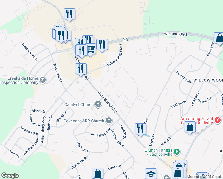 map of restaurants, bars, coffee shops, grocery stores, and more near 3004 Banister Loop in Jacksonville
