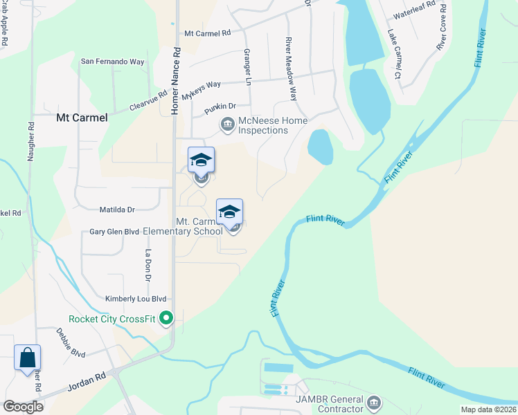 map of restaurants, bars, coffee shops, grocery stores, and more near River Mill Road in Huntsville