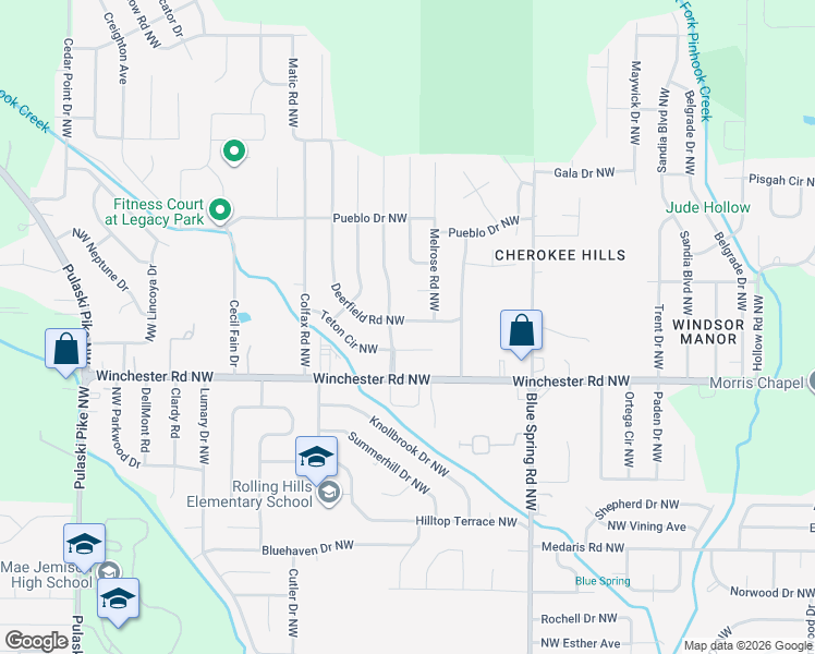 map of restaurants, bars, coffee shops, grocery stores, and more near 3022 Teton Circle Northwest in Huntsville