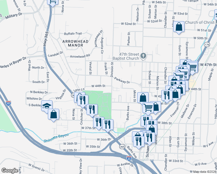 map of restaurants, bars, coffee shops, grocery stores, and more near 1612 West 44th Street in North Little Rock