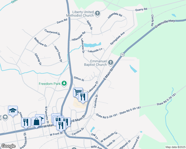 map of restaurants, bars, coffee shops, grocery stores, and more near 111 Ella Drive in Liberty