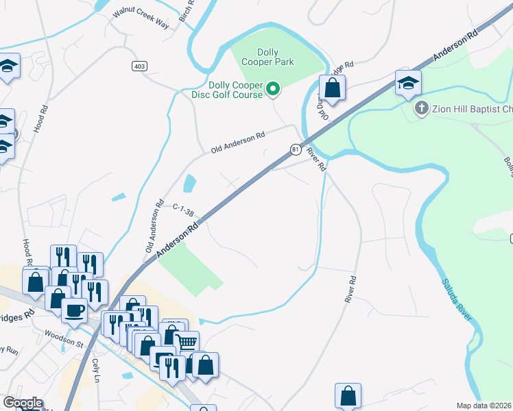 map of restaurants, bars, coffee shops, grocery stores, and more near 11636 Anderson Road in Greenville