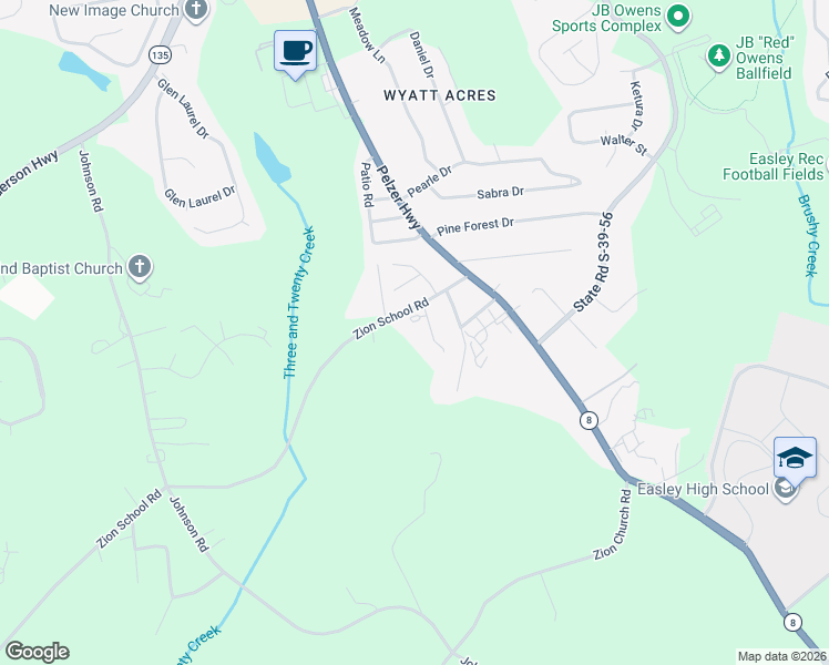 map of restaurants, bars, coffee shops, grocery stores, and more near 122 Zion School Road in Easley