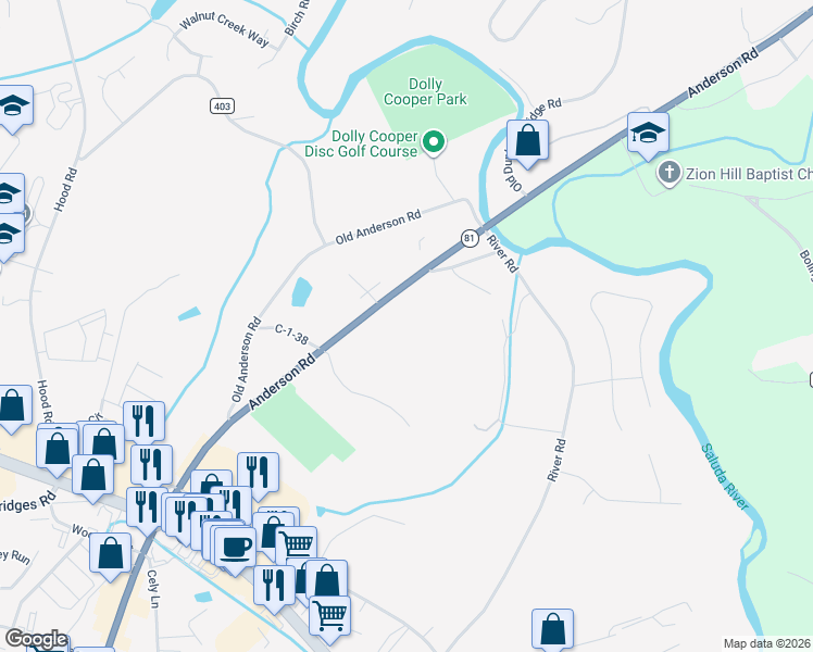 map of restaurants, bars, coffee shops, grocery stores, and more near 11636 Anderson Road in Greenville