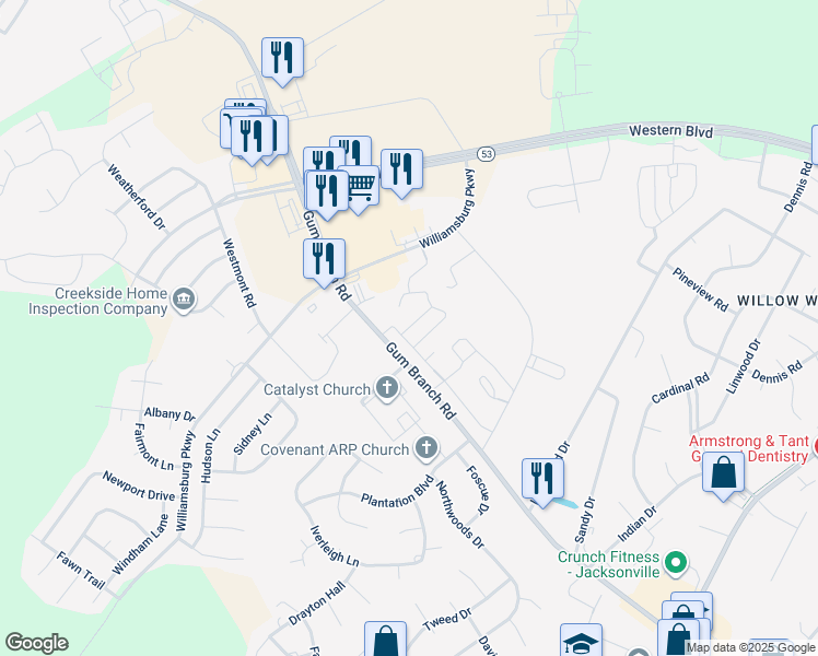 map of restaurants, bars, coffee shops, grocery stores, and more near 7000 Banister Loop in Jacksonville