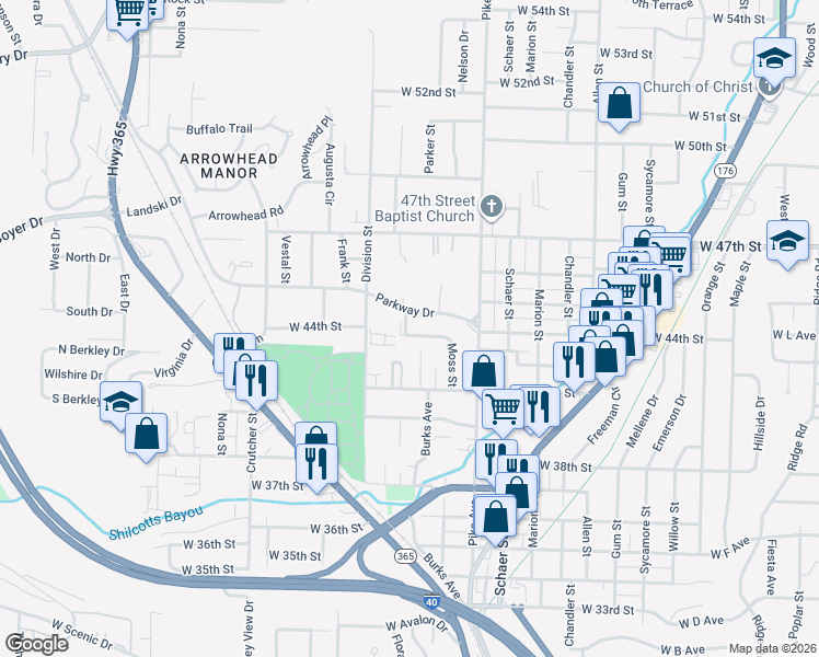 map of restaurants, bars, coffee shops, grocery stores, and more near 1309 West 43rd Street in North Little Rock