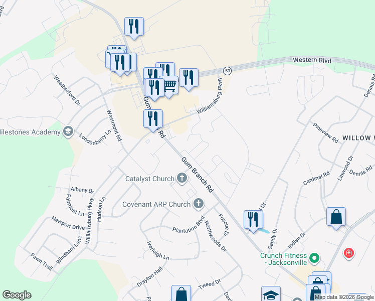 map of restaurants, bars, coffee shops, grocery stores, and more near 293 Williamsburg Parkway in Jacksonville