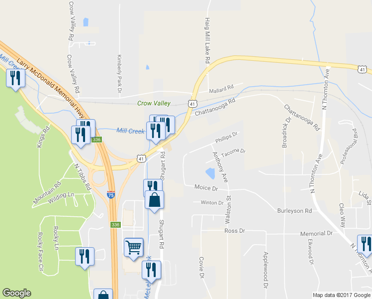 map of restaurants, bars, coffee shops, grocery stores, and more near 1531 Thornebrooke Circle in Dalton