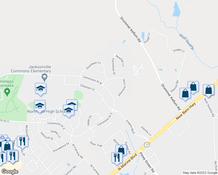 map of restaurants, bars, coffee shops, grocery stores, and more near 820 Commons Drive North in Jacksonville