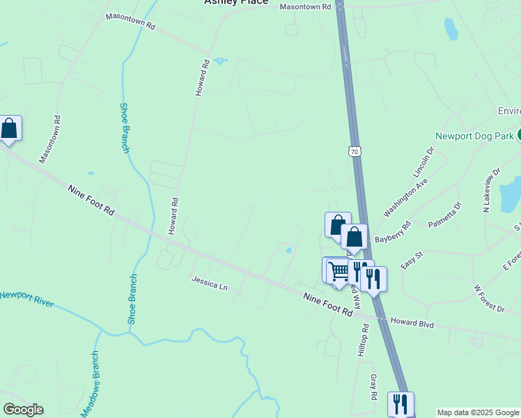 map of restaurants, bars, coffee shops, grocery stores, and more near 194 Gray Squirrel Lane in Newport