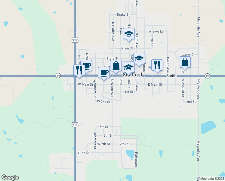 map of restaurants, bars, coffee shops, grocery stores, and more near 117 West Main Street in Stratford