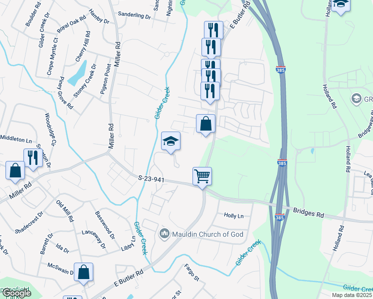 map of restaurants, bars, coffee shops, grocery stores, and more near 701 East Butler Road in Mauldin