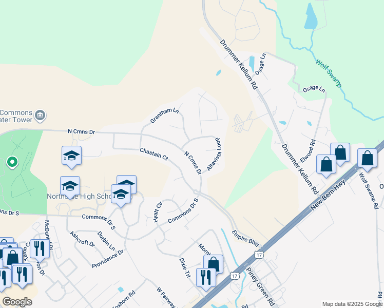 map of restaurants, bars, coffee shops, grocery stores, and more near 820 Commons Drive North in Jacksonville