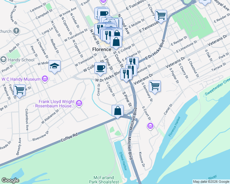 map of restaurants, bars, coffee shops, grocery stores, and more near 500-598 South Pine Street in Florence