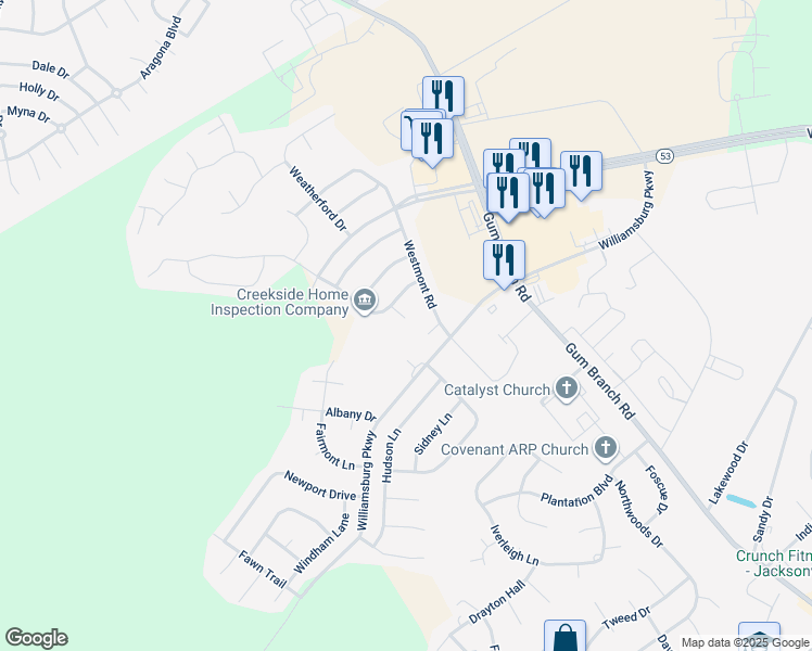 map of restaurants, bars, coffee shops, grocery stores, and more near 104 Hyannis Court in Jacksonville
