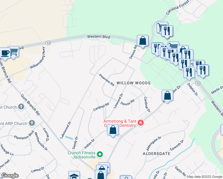map of restaurants, bars, coffee shops, grocery stores, and more near 102 Pineview Road in Jacksonville