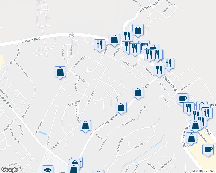 map of restaurants, bars, coffee shops, grocery stores, and more near 406 Cardinal Drive in Jacksonville