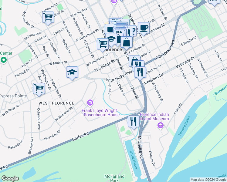 map of restaurants, bars, coffee shops, grocery stores, and more near 400-498 South Cedar Street in Florence