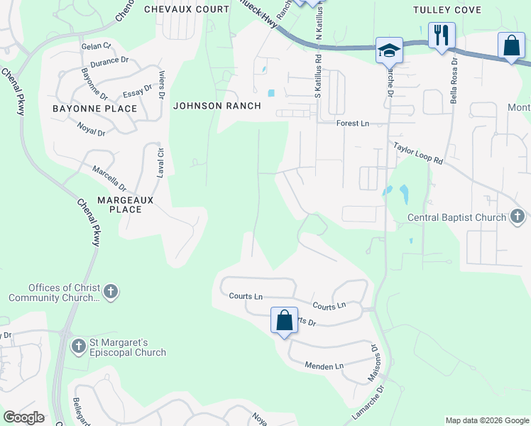 map of restaurants, bars, coffee shops, grocery stores, and more near 16 Spring Valley Lane in Little Rock