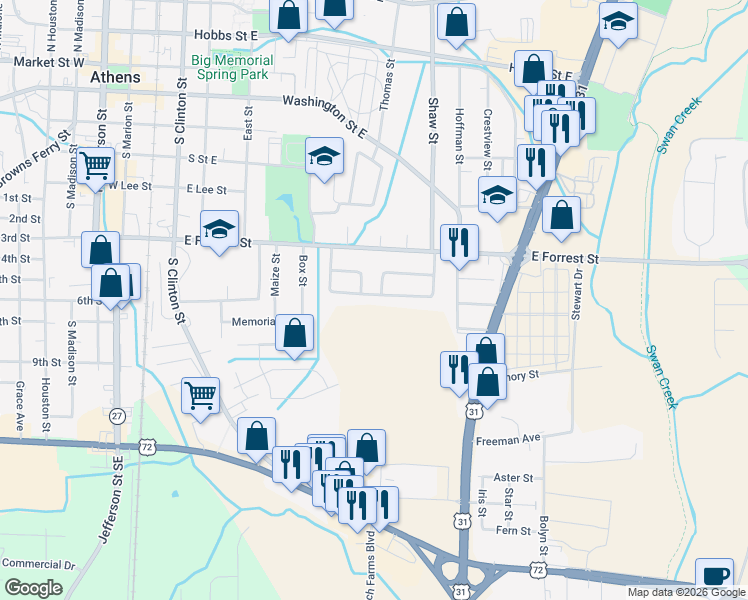 map of restaurants, bars, coffee shops, grocery stores, and more near 801 Hereford Drive in Athens