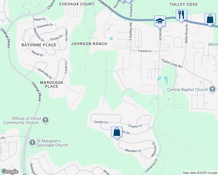 map of restaurants, bars, coffee shops, grocery stores, and more near 16 Spring Valley Lane in Little Rock