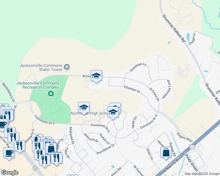 map of restaurants, bars, coffee shops, grocery stores, and more near 110 Chastain Court in Jacksonville