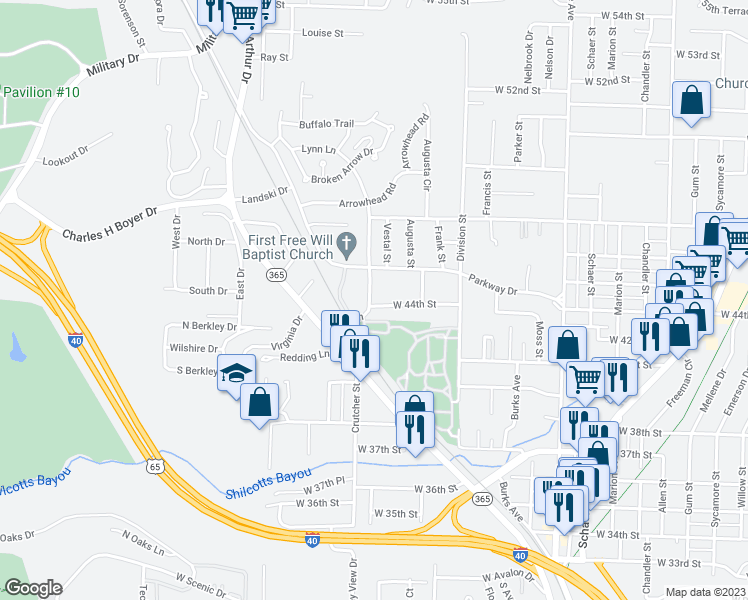 map of restaurants, bars, coffee shops, grocery stores, and more near 1813 West 44th Street in North Little Rock