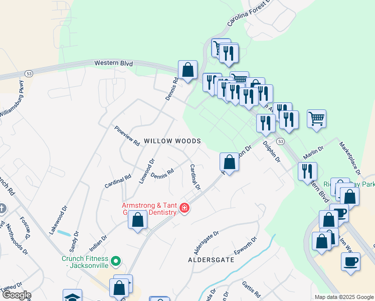 map of restaurants, bars, coffee shops, grocery stores, and more near 411 Cardinal Road in Jacksonville