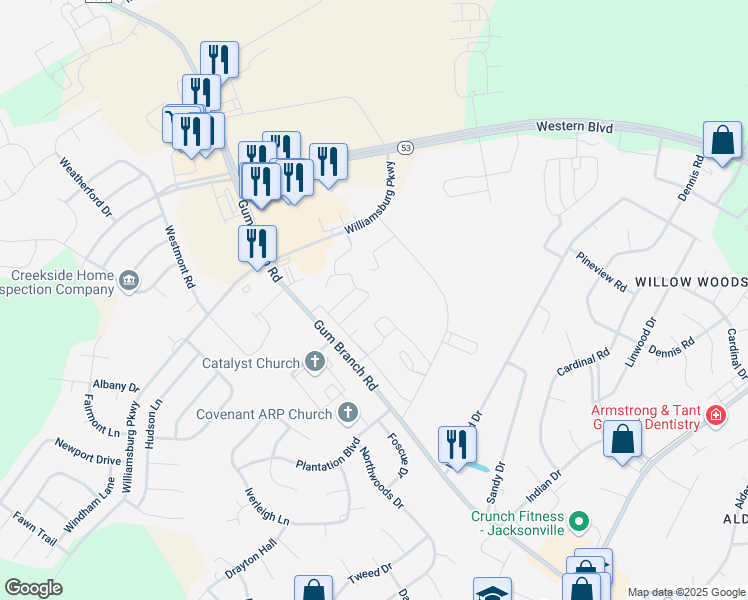 map of restaurants, bars, coffee shops, grocery stores, and more near 5008 Banister Loop in Jacksonville