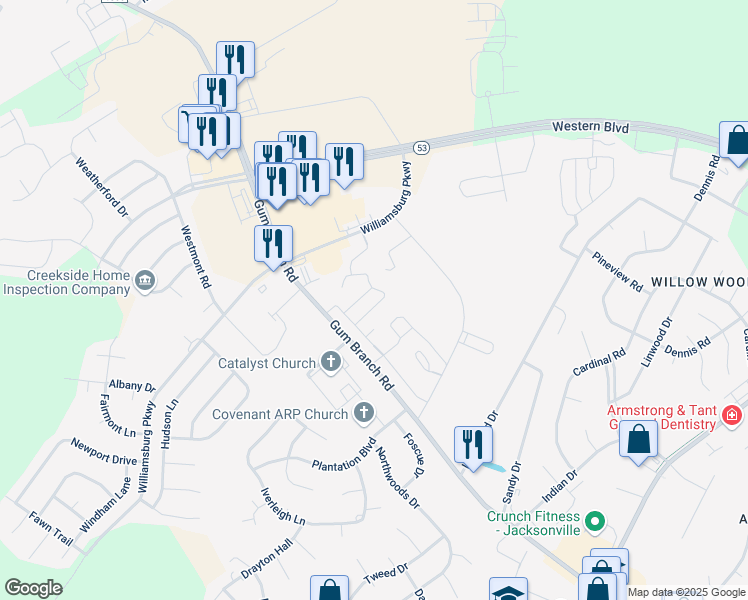 map of restaurants, bars, coffee shops, grocery stores, and more near 4001 Banister Loop in Jacksonville