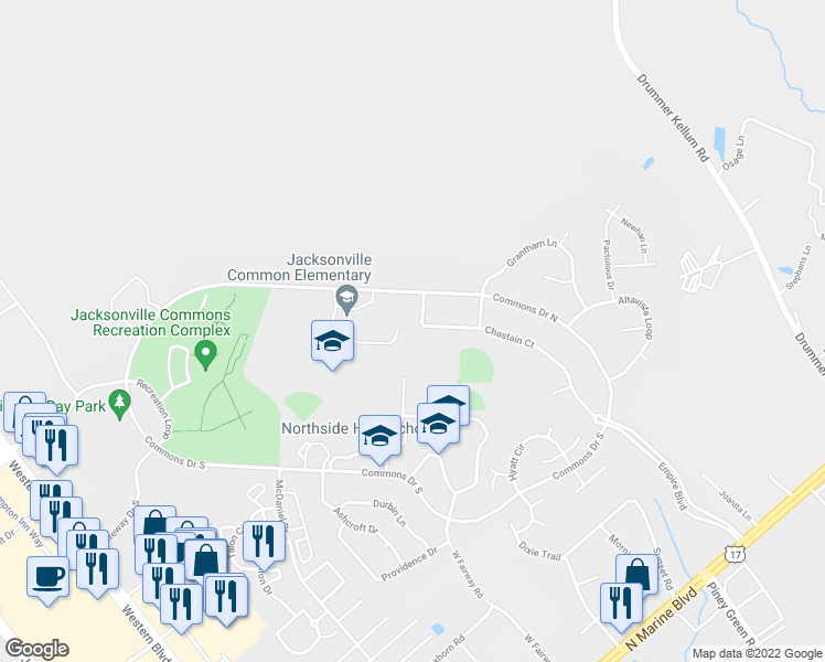 map of restaurants, bars, coffee shops, grocery stores, and more near 106 Chastain Court in Jacksonville