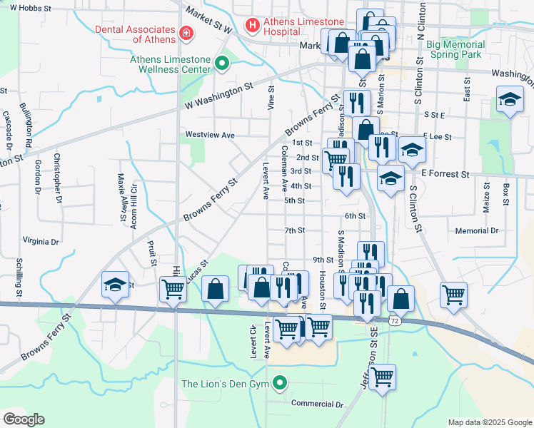 map of restaurants, bars, coffee shops, grocery stores, and more near 703 5th Avenue in Athens