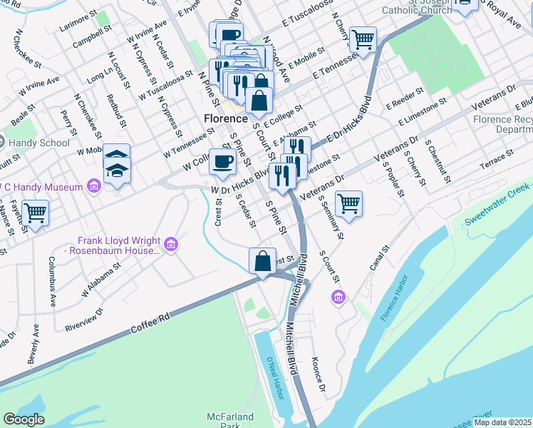 map of restaurants, bars, coffee shops, grocery stores, and more near 500-598 South Pine Street in Florence