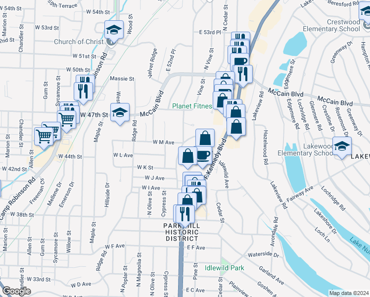 map of restaurants, bars, coffee shops, grocery stores, and more near 518 West M Avenue in North Little Rock