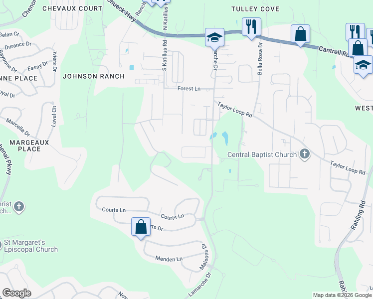 map of restaurants, bars, coffee shops, grocery stores, and more near 111 Belles Fleurs Circle in Little Rock