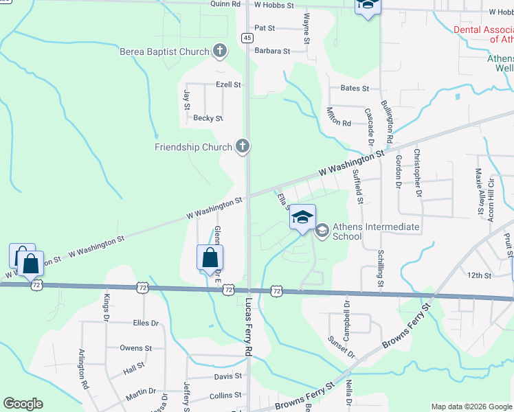 map of restaurants, bars, coffee shops, grocery stores, and more near 16254 Lucas Ferry Road in Athens