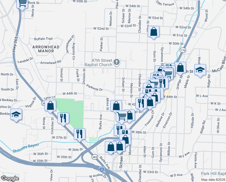 map of restaurants, bars, coffee shops, grocery stores, and more near 1201 Parkway Drive in North Little Rock