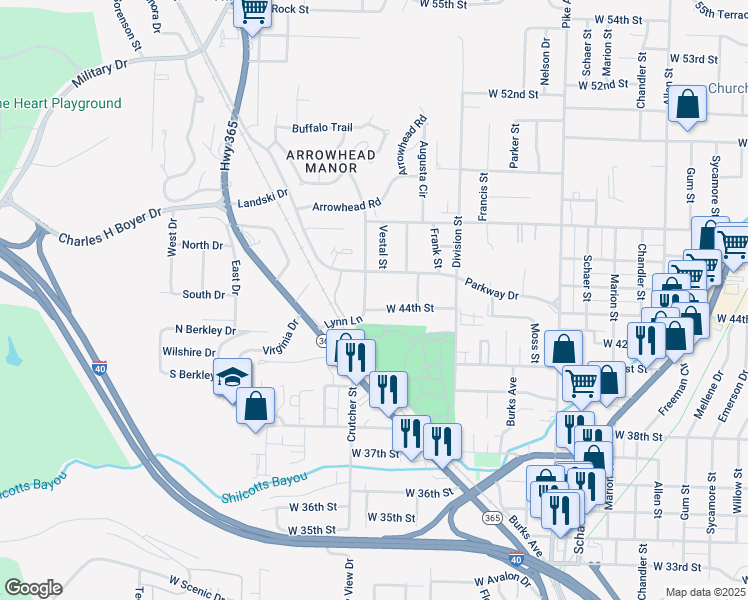 map of restaurants, bars, coffee shops, grocery stores, and more near 4415 Lynn Lane in North Little Rock