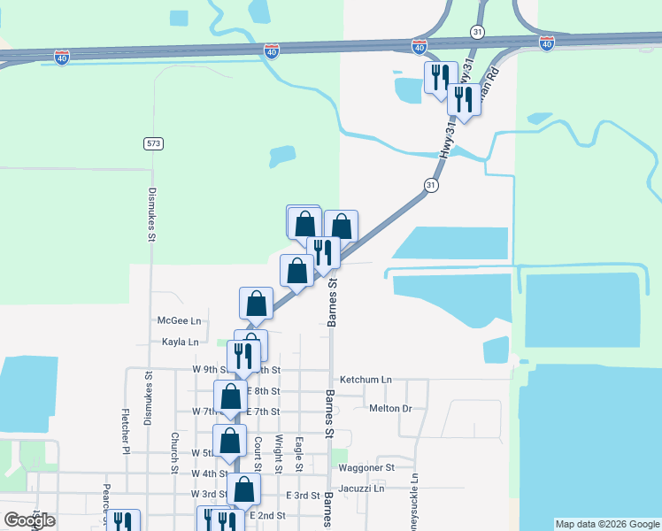 map of restaurants, bars, coffee shops, grocery stores, and more near North Center Street in Lonoke