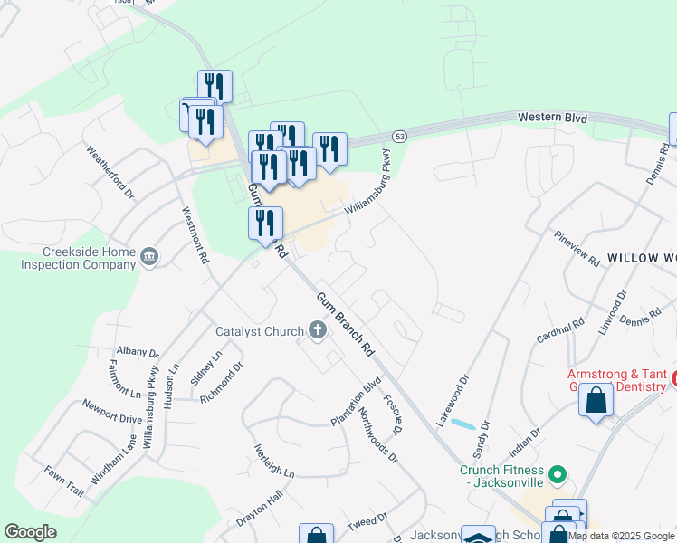 map of restaurants, bars, coffee shops, grocery stores, and more near 8000 Banister Loop in Jacksonville